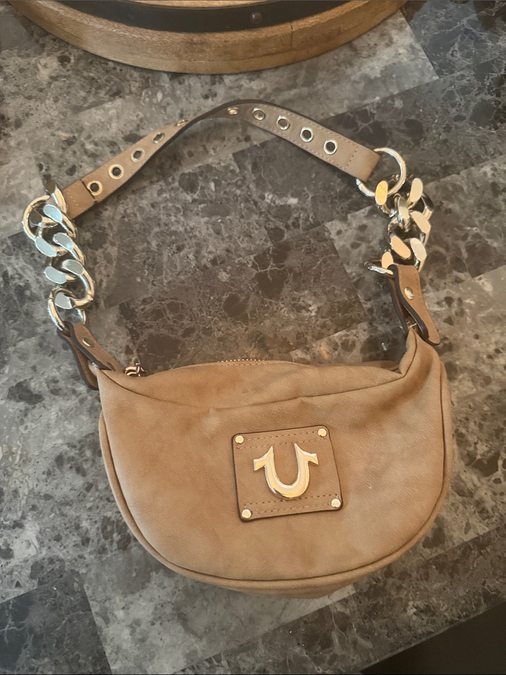 True Religion Tan Leather Shoulder Bag with Silver Chain Accent